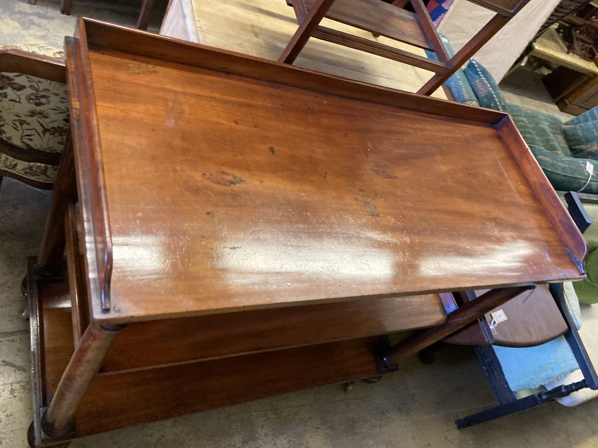 A Victorian mahogany three tier buffet, length 122cm, depth 53cm, height 110cm